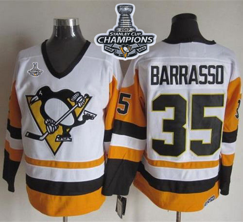 Penguins #35 Tom Barrasso White/Black CCM Throwback Stanley Cup Finals Champions Stitched NHL Jersey - Click Image to Close